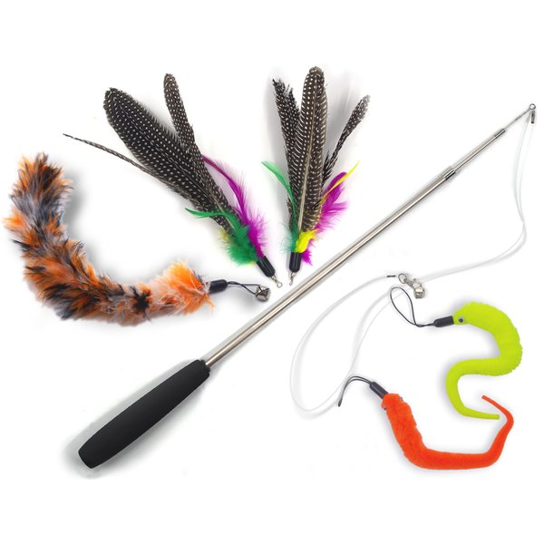 YOOGAO Pet Cat Toys Wand Retractable Interactive Feather Teaser Cat Toy with Bell, 5pcs Refills