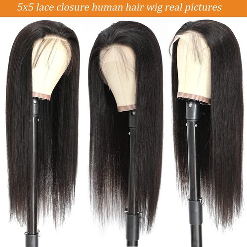 Lace Closure Wigs Human Hair Pre Plucked 5x5 HD Closure Wig Straight Lace Front Wigs Human Hair 150% Density Natural Black 24Inch Glueless Lace Closure Wig with Baby Hair