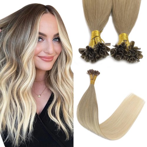 Sindra U Tip Hair Extensions Real Human Hair Color Ombre Ash Brown to Platinum Blonde 20inch 50Grams Prebonded Fusion Keratin Tip Hair Extensions（Utip#8/60-20inch）
