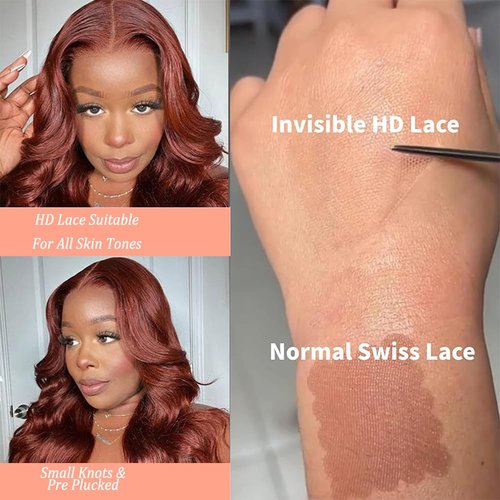 KINSTAR 13x6 Reddish Brown Lace Front Wigs Human Hair HD Lace Front Wigs Human Hair 180 Density Body Wave Frontal Wigs Human Hair with Baby Hair Colored Glueless Wigs 12Inch