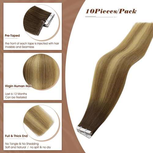 Full Shine Tape in Hair Extensions Real Human Hair Balayage Color 3/8/22 Insert Machine Virgin Tape in Hair Extensions 25Gram Injection Tape Ins Human Hair Extensions 10Pcs 20Inch Skin Weft Hair