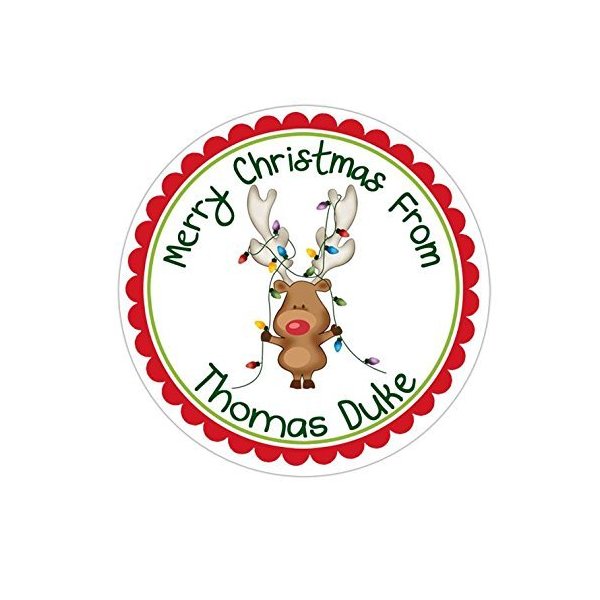 Personalized Customized Holiday Christmas Gift Stickers - Reindeer With Lights - Round Labels - Choose Your Size