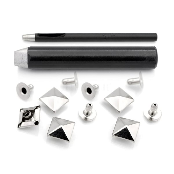 CRAFTMEMORE Pyramid Rivet Setter, Spike Rivet Setting Tool Kit, Hole Punch Cutter, 20 Pyramid Rivets in Silver (10 MM Setter)