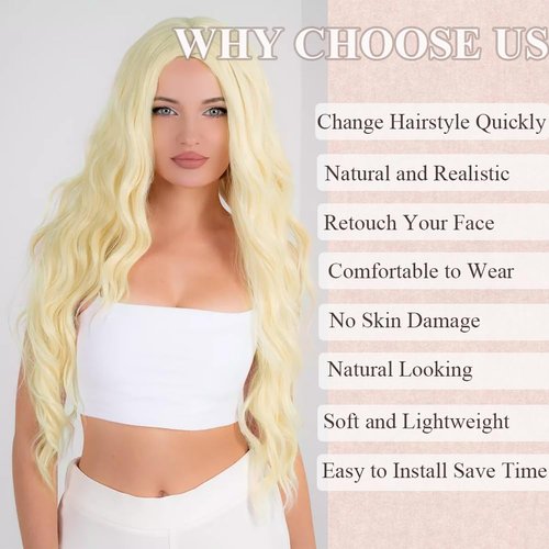 Colorful Queen 613 Blonde Wig 26 Inch Long Wavy Blonde Wigs for Women Curly Wavy Wig Middle Part Synthetic Lace Wigs for Daily Party Use Cosplay Wigs