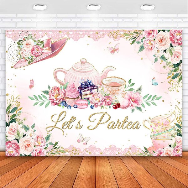 Avezano Tea Party Decorations Tea Party Backdrop for Baby Shower Birthday Lets Partea Banner Pink Tea Time Wedding Shower Background Decor Supplies (7x5ft, 83x59inch)