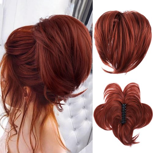 PORSMEER DIY Styles Messy Bun Hair Piece, Claw Clip in Straight Hair Bun 9 Inch Short Ponytail Extension with Bendable Metal Wire Hair Pieces for Women Fake Pony Tail (Copper red)