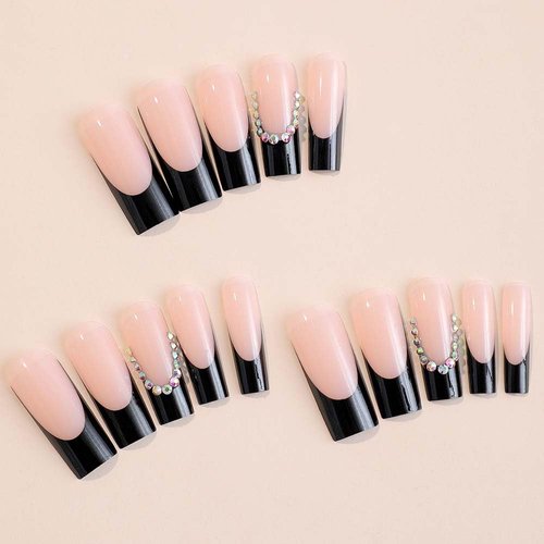 ANDGING French Tip Press on Nails Black Coffin Long Fake Nails with Glitter Rhinestone Design Glue on Nails for Women Acrylic False Nails Stick on Nails Manicure Press on Nail for Wedding 24Pcs B83