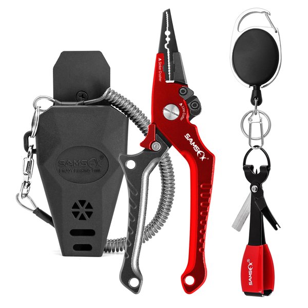 SAMSFX Aluminum Fishing Pliers Hook Remover Braid Line Cutter with Coiled Lanyard and Sheath, Fly Fishing Knot Tying Tool & Retractors (Gray & Red Handle-7'' Split Ring Nose, Fishing Knot Tying Tool)
