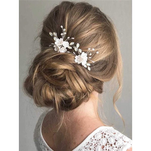 Fstrend Bridal Wedding Hair Pins Silver Sparkly Rhinestones Pearls Flower Hair Pin Bride Hairpieces Gorgeous Hair Accessories for Women and Girls(Pack of 2) (Silver)