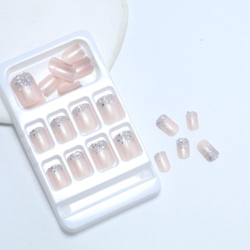 24 PCS Press on Nails, Short Square Silver Gradient French Gel Nail Fake Nails, Glue On Nails Kit, Reusable Pink False Nails with Mini Nail File for Women, Silver Gradient French