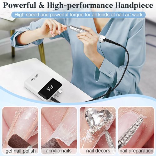 Kredioo Electric Nail Drill Professional 35000 RPM, Portable Rechargeable Cordless Electric Nail File Kit with Storage Bag for Acrylic Nails Gel Polishing Dip Powder for Manicure Salon Home-White