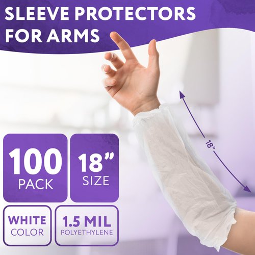 AMZ White Disposable Arm Sleeves, 18 Inches. 100 Pack Disposable Sleeve Protectors for Arms. 1.5 Mil PE Waterproof Sleeve for Arm. Unisex Disposable Protective Sleeves for Arms