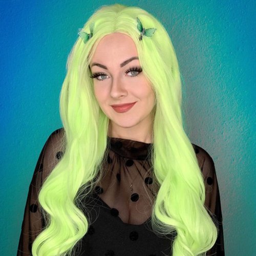 Neon Green Curly Real Hair Wig Fluorescent Green Handmade Synthetic Lace Front Wigs for Women Long Body Wave Pastel Green Wig Preplucked Hairline Real Hair Wig Baby Hair Daily Cosplay 24 Inch
