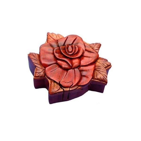 Rose Handmade Carved Wood Intarsia Puzzle Box by The Handcrafted