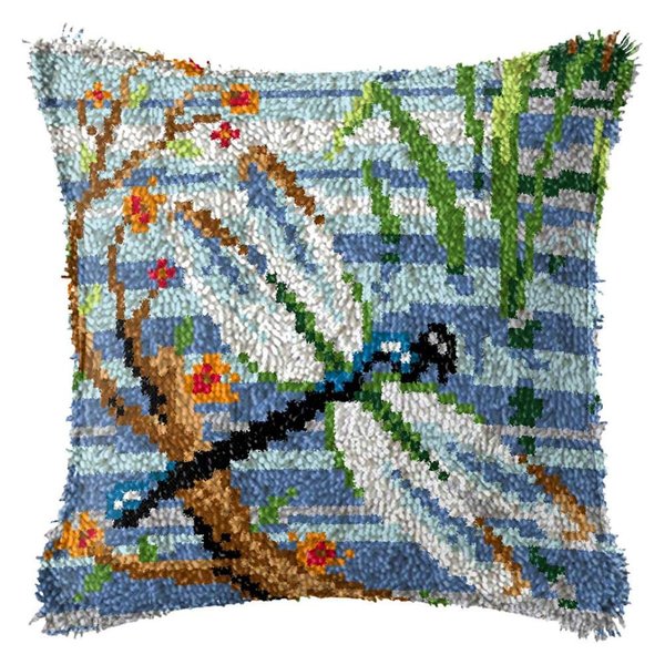 Ylkgogo Latch Hook Pillow Kit for Adults Kids DIY Throw Pillow Cover Printed Canvas Dragonfly Pattern Handcraft Crochet Sofa Decor 17" x 17"