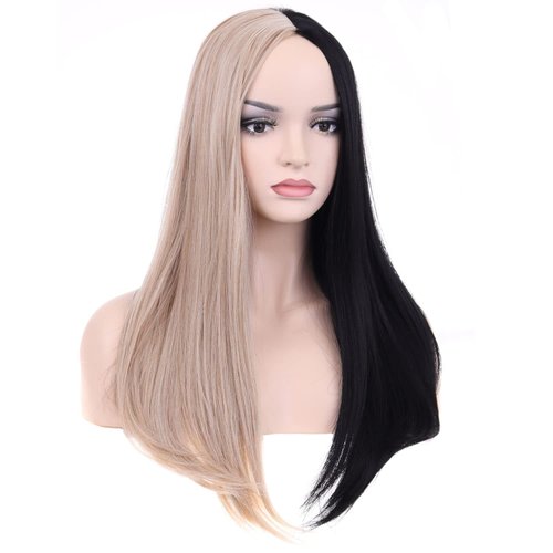 PATTNIUM Black and Blonde Wig Long Straight Wig Black Blonde Wig for Women Split Wig Two Tone Wig Half Black Half Blonde Wig Middle Part Wig Heat Resistant Synthetic Wig Halloween Cosplay Costume Wig (Black and Blonde)