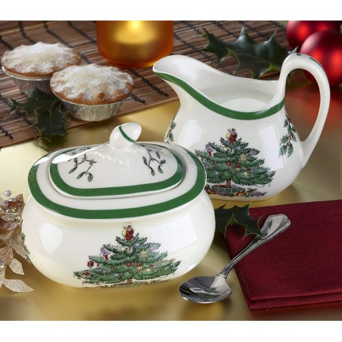 Spode Christmas Tree Collection Sugar and Creamer Set | 16 oz Sugar Bowl with lid 8 oz Creamer | Made of Fine Earthenware | Ideal for Storing Coffee, Sugar and Tea | Dishwasher safe