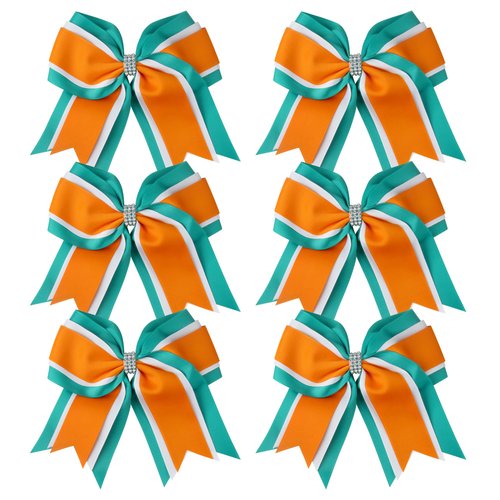 8 Inch 3 Colors 3 Layers 6 Pcs Cheerleader Bows Jumbo Cheerleading Bows Hair Elastic Hair Tie Cheerleader Bows for High School College (Teal/White/Orange)