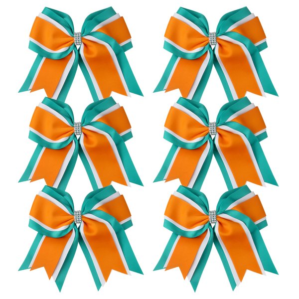 8 Inch 3 Colors 3 Layers 6 Pcs Cheerleader Bows Jumbo Cheerleading Bows Hair Elastic Hair Tie Cheerleader Bows for High School College (Teal/White/Orange)