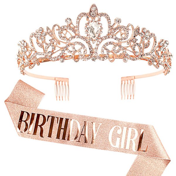 COCIDE Birthday Girl Sash & Rhinestone Tiara Set Birthday Sash and Tiara for Women Birthday Decoration Kit Rhinestone Headband for Girl Glitter Crystal Hair Accessories for Birth Party