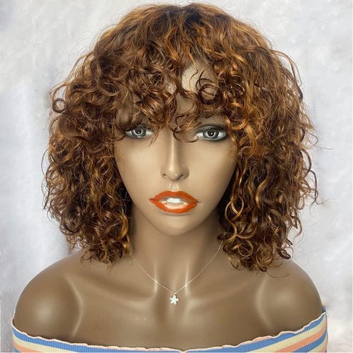Sakula human hair Wig with Bangs for black woman Glueless Wig Ombre Short Curly Bob Wigs 180% Density Piano Brown Blonde Wigs Water Wave Wigs 12Inch