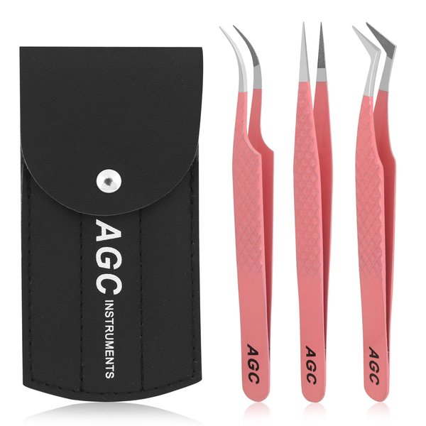 Generic Lash Tweezers for Eyelash Extensions. Fiber Tip Tweezers Kit Contains Straight,Curved and Volume Lash Tweezers (Pink-3 Pcs), Pocket