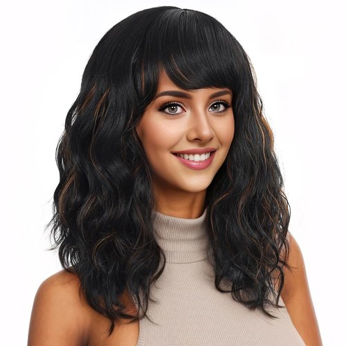 Retoleca Curly Wavy Bob Wig with Bangs Short Bob Wigs for Women Shoulder Length Glueless Synthetic Wigs(14inch,Black Mix Brown) …