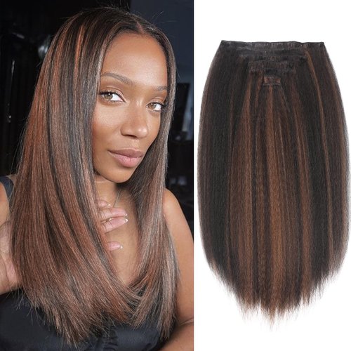 WIGNEE 18 Inches 7 Pieces Kinky Straight Clip In Hair Extensions Black Hair Extensions Clip Ins For Black Women Yaki Straight Clip In Hair Extensions