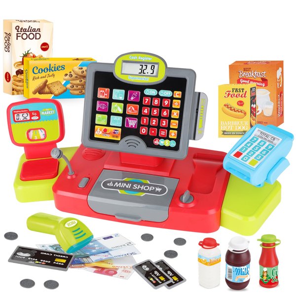 deAO Kids Cash Register Toy Pretend Play Calculator Cash Register with Scanner Play Money & Credit Card, 25 PCS Supermarket Cashier Playset with Accessories, Birthday for Age 3+ Boy & Girl