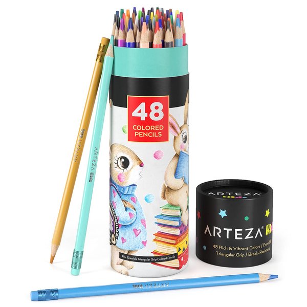 ARTEZA 48 Colored Pencils for Kids, Pre-Sharpened, Triangle Pencils for Kids, Erasable Kids Pencils for Drawing