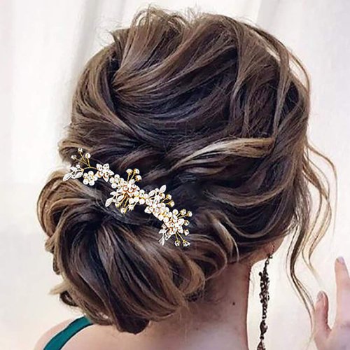 Campsis Flower Bride Wedding Hair Comb Pearl Side Comb Crystal Bridal Hair Accessories for Women and Girls (Gold)