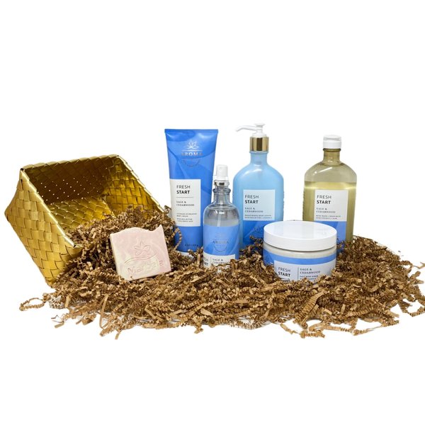 Bath & Body Works Aromatherapy Fresh Start SAGE & Cedarwood Gold Woven Basket 5 Piece Gift Set with a Himalayan Salts Springs Sample Soap - Full Size
