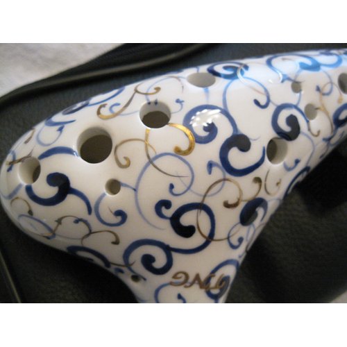 Exquisite Ceramic Ocarina Alto C, with artful blue and genuine gold curly ornate floral tendril. High temperature kiln treated. with PU leather dual zipper bag.