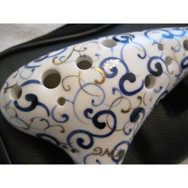 Exquisite Ceramic Ocarina Alto C, with artful blue and genuine gold curly ornate floral tendril. High temperature kiln treated. with PU leather dual zipper bag.