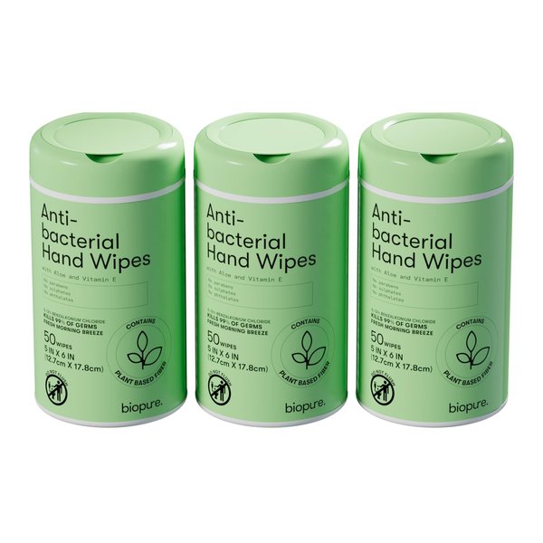Biopure Antibacterial Hand Wipes | Fresh Morning Breeze- Antibacterial Wipes With Aloe and Vitamin E Formula | 5 X 7 Inch Wet Wipes Cannister | No Parabens, sulfates or Phthalates, Kills 99% of Germs, Pack of 3