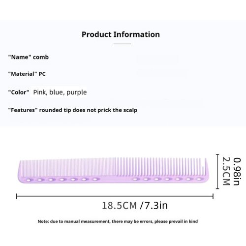 Barber comb, Professional 3-Piece Fine Cutting Comb Set, 7 Inch Carbon Fiber - Pink, Blue, Purple