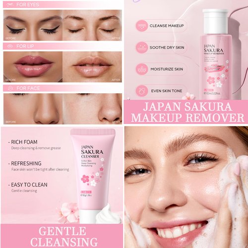 Sakura Skincare Set - Skincare Gifts for Teen Girls - 11PCS Travel Essentials for Women - Skin Care Set with Makeup Remover,Face Wash,Moisturizer,Face Mask & Mud Mask - Face Care Set for Women