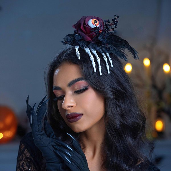 Formery Halloween Rose Skeleton Hands Headpiece Eyeball Feather Day of The Dead Hair Clips Gothic Rave Hair Accessories for Women