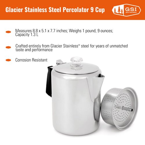 GSI Outdoors Percolator Coffee Pot I Glacier Stainless Steel with Silicone Handle for Camping, Backpacking, Travel, RV & Hunting - Stove Safe - 9 Cup