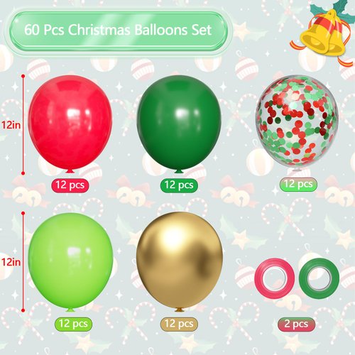 JTGILKFR 60PCS Christmas Balloons Red Green Gold Confetti Balloons Globos Navideños Xmas Balloons Supplies with Ribbons for Friendsmas Christmas Party Birthday Holiday Decorations