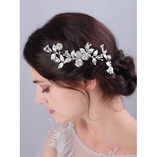 Teyglen 3pcs Flower Wedding Hair Pins Clips Silver Leaf Flower Hair Barrette and Pins Bridal Blooms Crystal Hairpins for Bride Wedding Hair Accessories for Women Girls