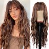 NOSTALGIA Long Brown Wigs with Bangs 26 Inches Curly Wavy Wig for Women Brown Mixed Blonde Highlight Wig Synthetic Wigs for Girls Daily Party Use
