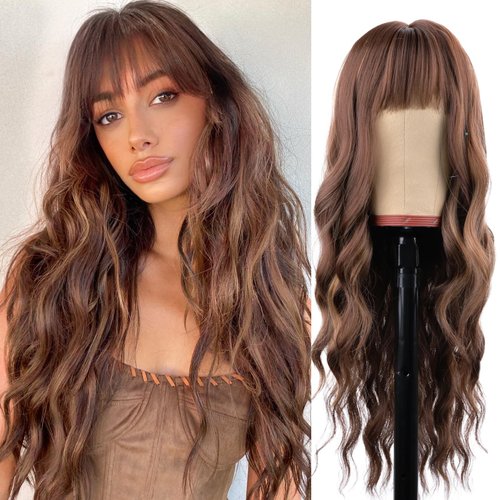 NOSTALGIA Long Brown Wigs with Bangs 26 Inches Curly Wavy Wig for Women Brown Mixed Blonde Highlight Wig Synthetic Wigs for Girls Daily Party Use