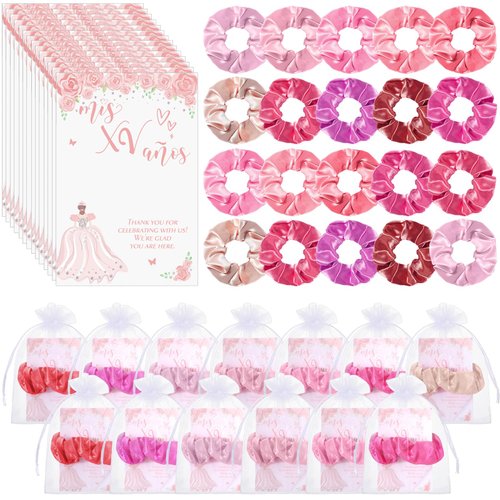 Thiccywoov 50 Sets Quinceanera Favors for Guests 50 Pink Hair Ties Pink Scrunchies 50 Sweet 15 Year Old Thank You Card 50 Gift Bag Quinceanera Party Favors Gift for 15 or 16 Years Birthday Supplies