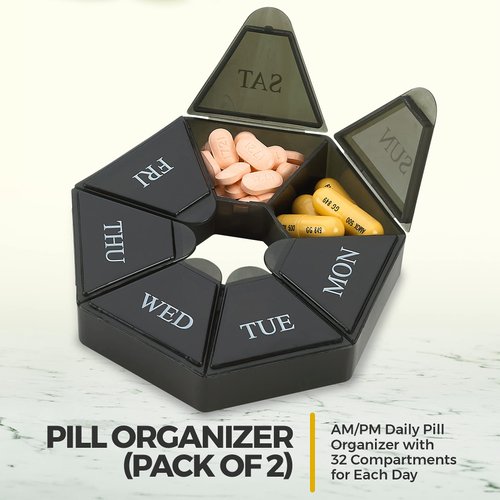 Weekly Pill Organizer - (Pack of 2) 7-Day Pill Container - Arthritis Friendly Portable & Compact Travel Case Daily Compartment Medicine Pills Box for Supplements, Medication, Vitamins and Fish Oils