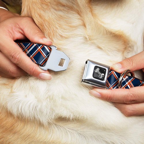 Dog Collar Seatbelt Buckle Plaid X3 Navy Orange White 9 to 15 Inches 1.0 Inch Wide