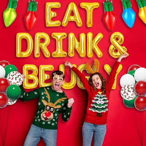Ugly Sweater Party Supplies, Eat Drink & Be Ugly Balloons, Ugly Christmas Sweater Party Decorations for Friendsmas Christmas Ugly Sweater Party Decorations