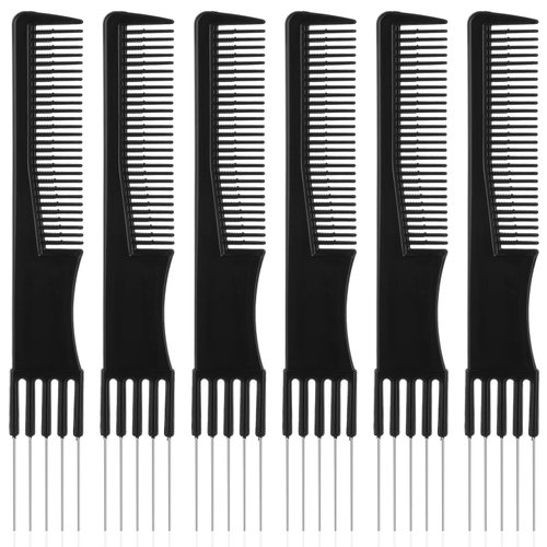 6 PCS Carbon Lift Pick Comb, Black Teasing Comb for Fine Hair with Metal Prong, Hair Picks Comb Teasing Lifting Fluffing Comb with 5 Stainless Steel Pins for Women Hair Styling Hair Salon