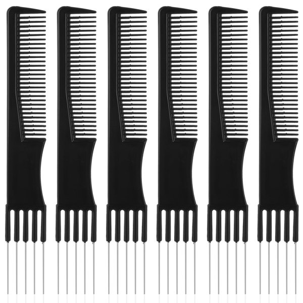 6 PCS Carbon Lift Pick Comb, Black Teasing Comb for Fine Hair with Metal Prong, Hair Picks Comb Teasing Lifting Fluffing Comb with 5 Stainless Steel Pins for Women Hair Styling Hair Salon