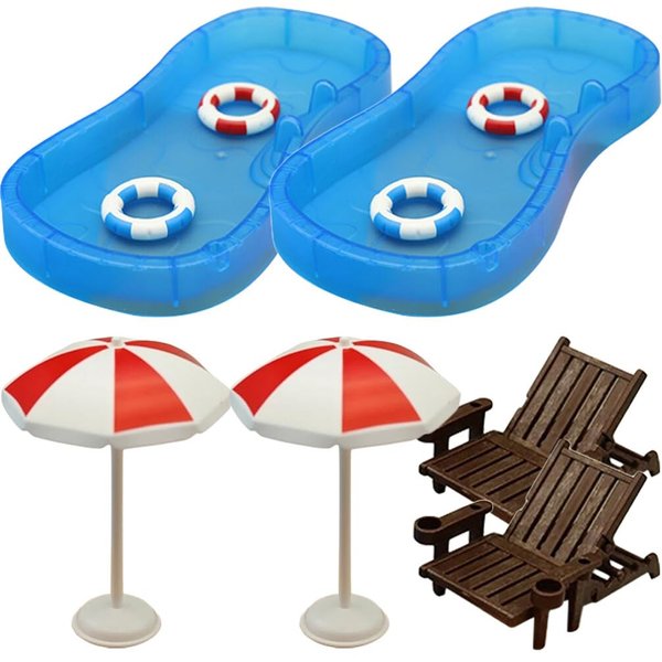 Abaodam 2 Sets Beach Miniature Dollhouse Decoration Swim Pool Umbrella Beach Chair for DIY Fairy Garden Dollhouse Decor